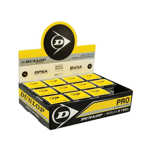 12 stk. Dunlop Pro squashbolde (2 gule prikker)
